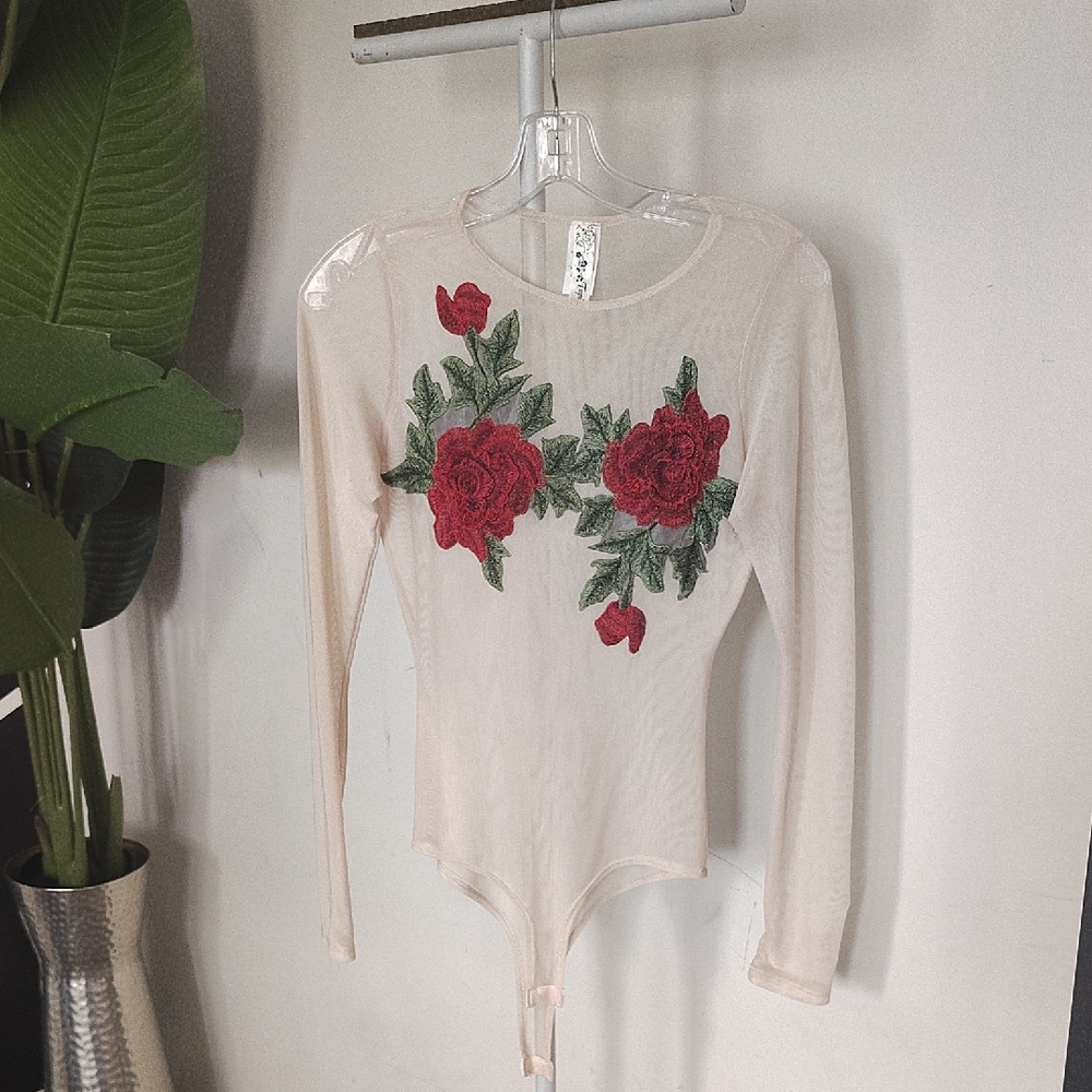 Floral Embroidered Sheer Bodysuit - Cream